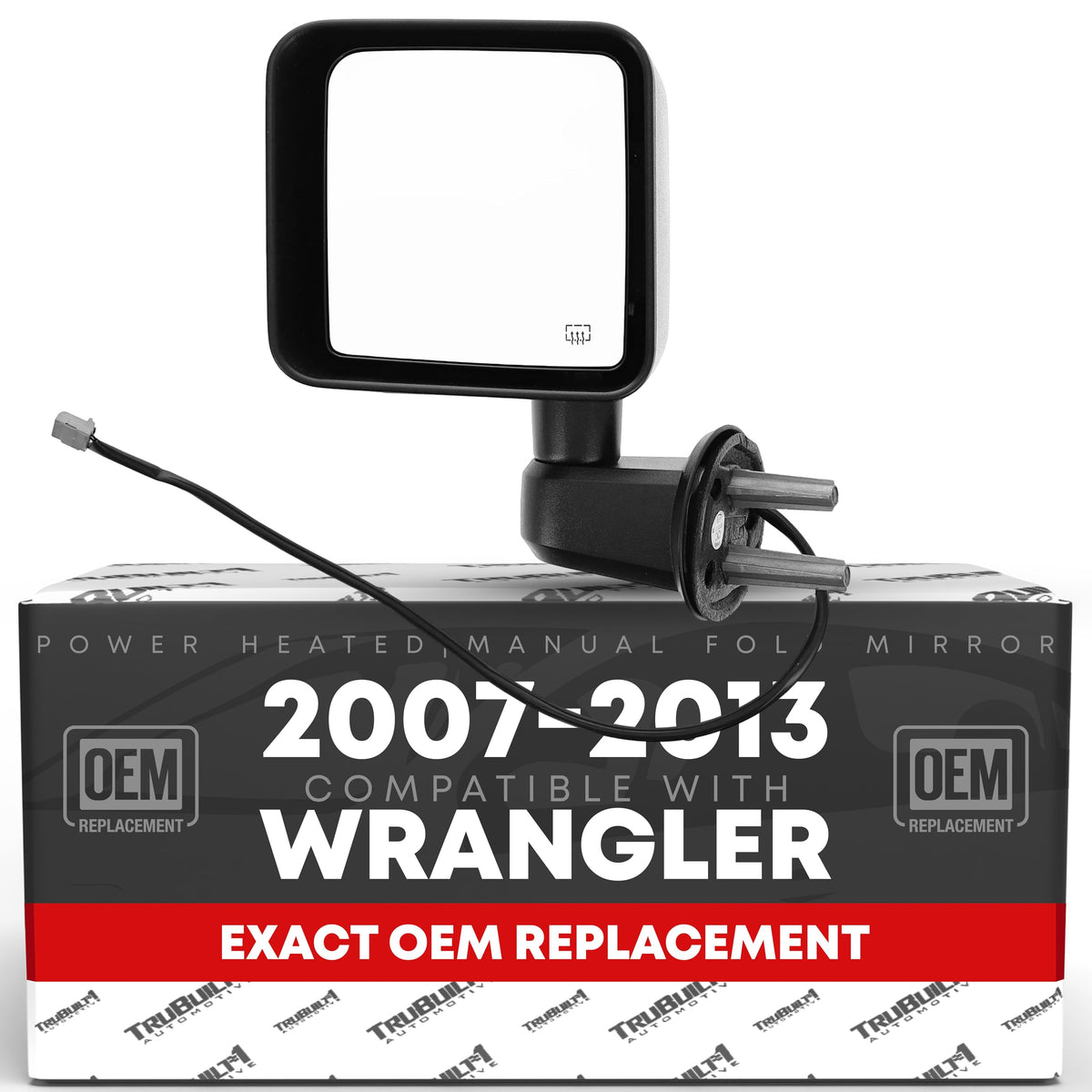 Driver Side Mirror Replacement - Compatible with 2007-2013 Jeep Wrangler - Heated, Powered Adjustment, Manual Folding, Flat Glass - Textured Black Cover, 6H5P - OEM 5182175AA, 5182175AB, CH1320319