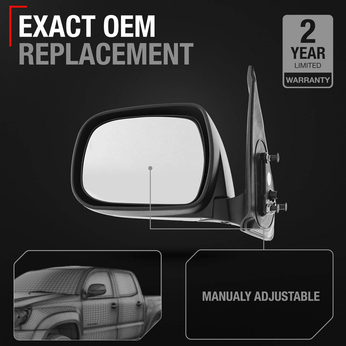 Driver Side Mirror Replacement - Compatible with 2005-2011 Toyota Tacoma - Manual Adjustment, Manual Folding, Flat Glass with English Warning - Textured Black - OEM 8794004170, TO1320204