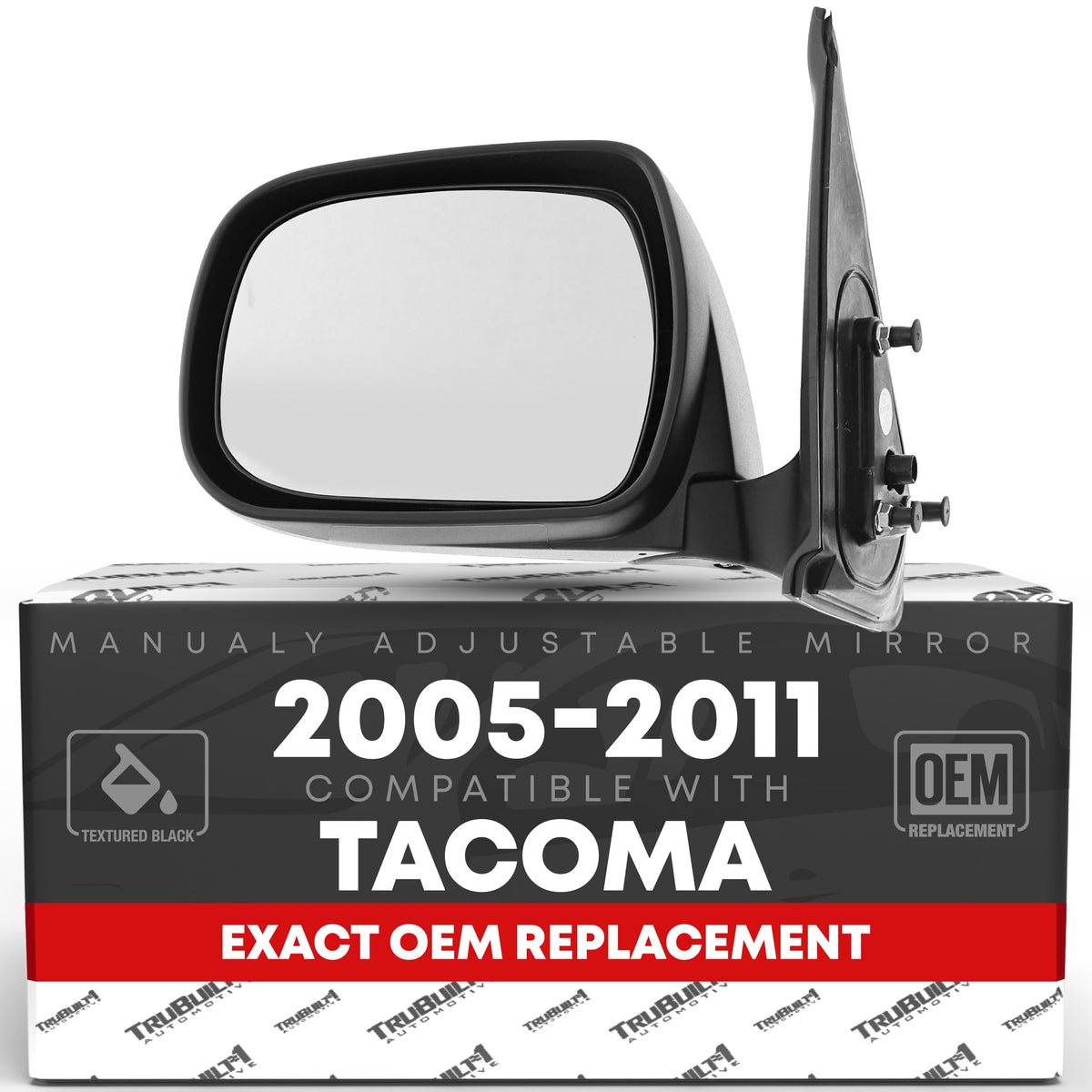 Driver Side Mirror Replacement - Compatible with 2005-2011 Toyota Tacoma - Manual Adjustment, Manual Folding, Flat Glass with English Warning - Textured Black - OEM 8794004170, TO1320204