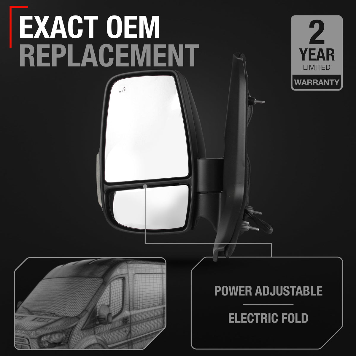 Driver Side Mirror Compatible with 2020-2023 Ford Transit-150, 250, 350, E-Transit - w/Short Arm, Heated Mirror, Blinker, Blind Spot, Powered Foldable, Flat Glass, 12H10P - OEM LK4Z17683EA