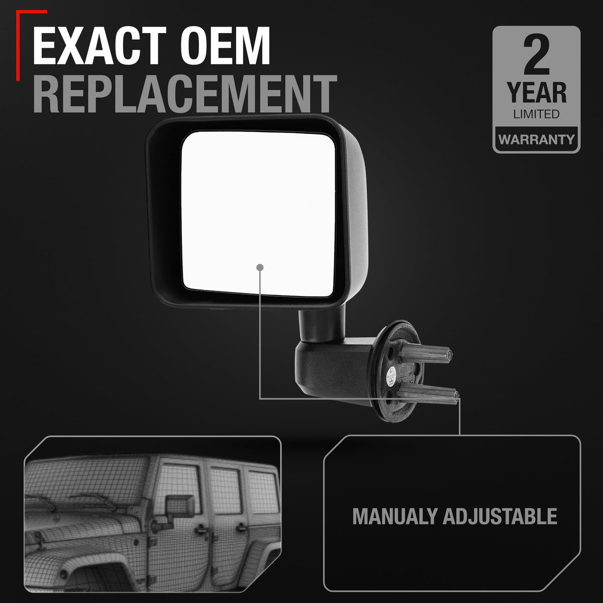 Driver Side Mirror Replacement - Compatible with 2007-2013 Jeep Wrangler - Manual Folding, Flat Glass - Textured Black Cover - OEM 55077967AB, 68081251AA, 55078131AG, CH1320271