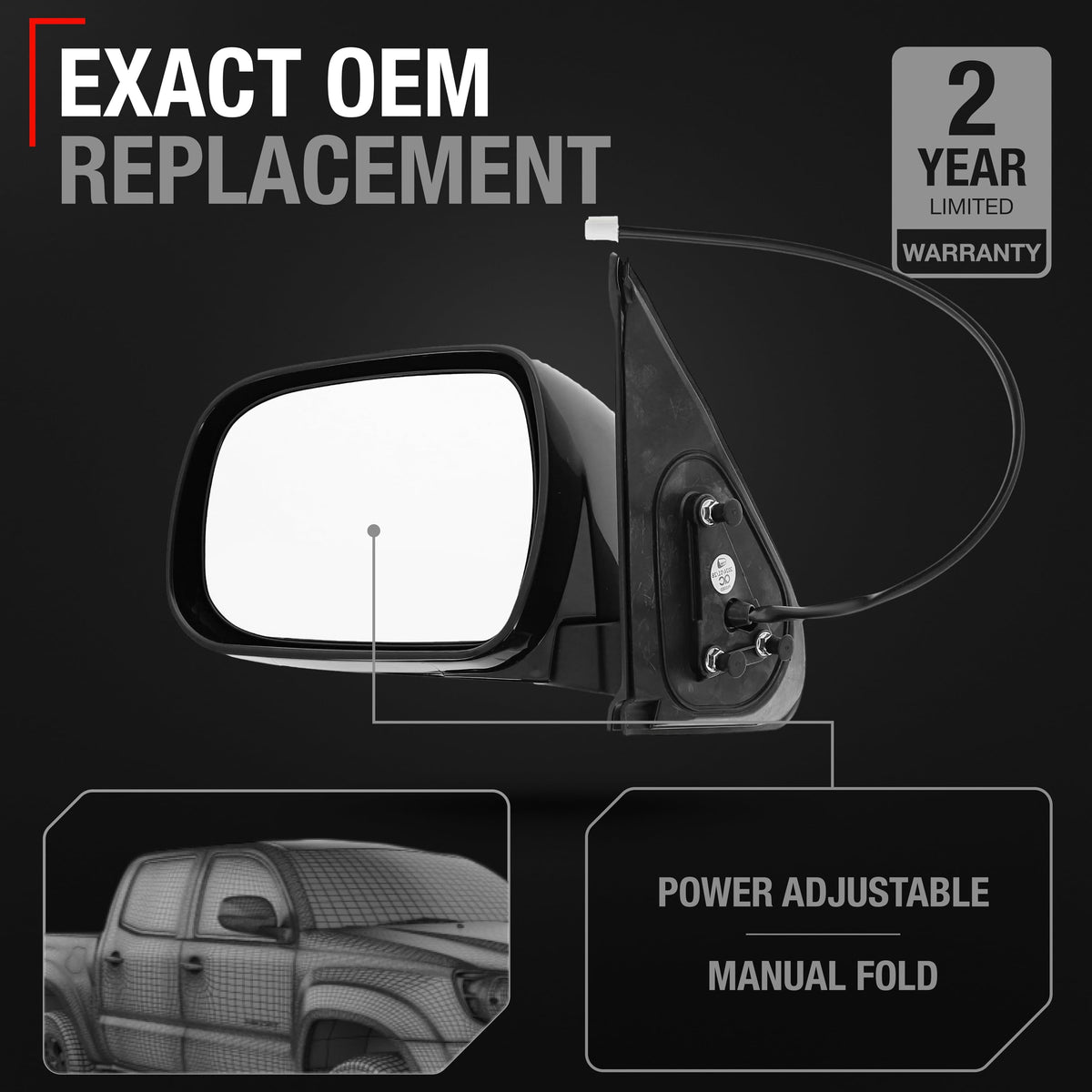 Driver Side Mirror Replacement - Compatible with 2005-2011 Toyota Tacoma - Powered Adjustment, Manual Folding, Flat Glass - Smooth Black, 5H3P - OEM 8794004190C0, TO1320203, 9551542