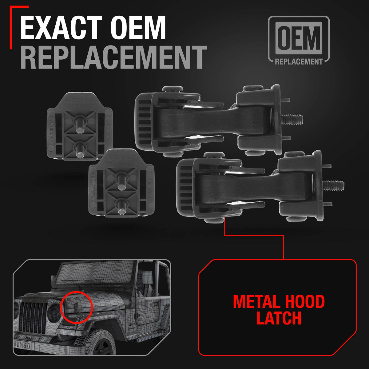 Hood Latch Replacement Set, Left and Right Side - Compatible with 1997-2006 Jeep Wrangler (Full Door Type) - Upper and Lower Metal Hood Lock Catch - OEM 55176428AC, 55176427AD, 68038118AA, 42422