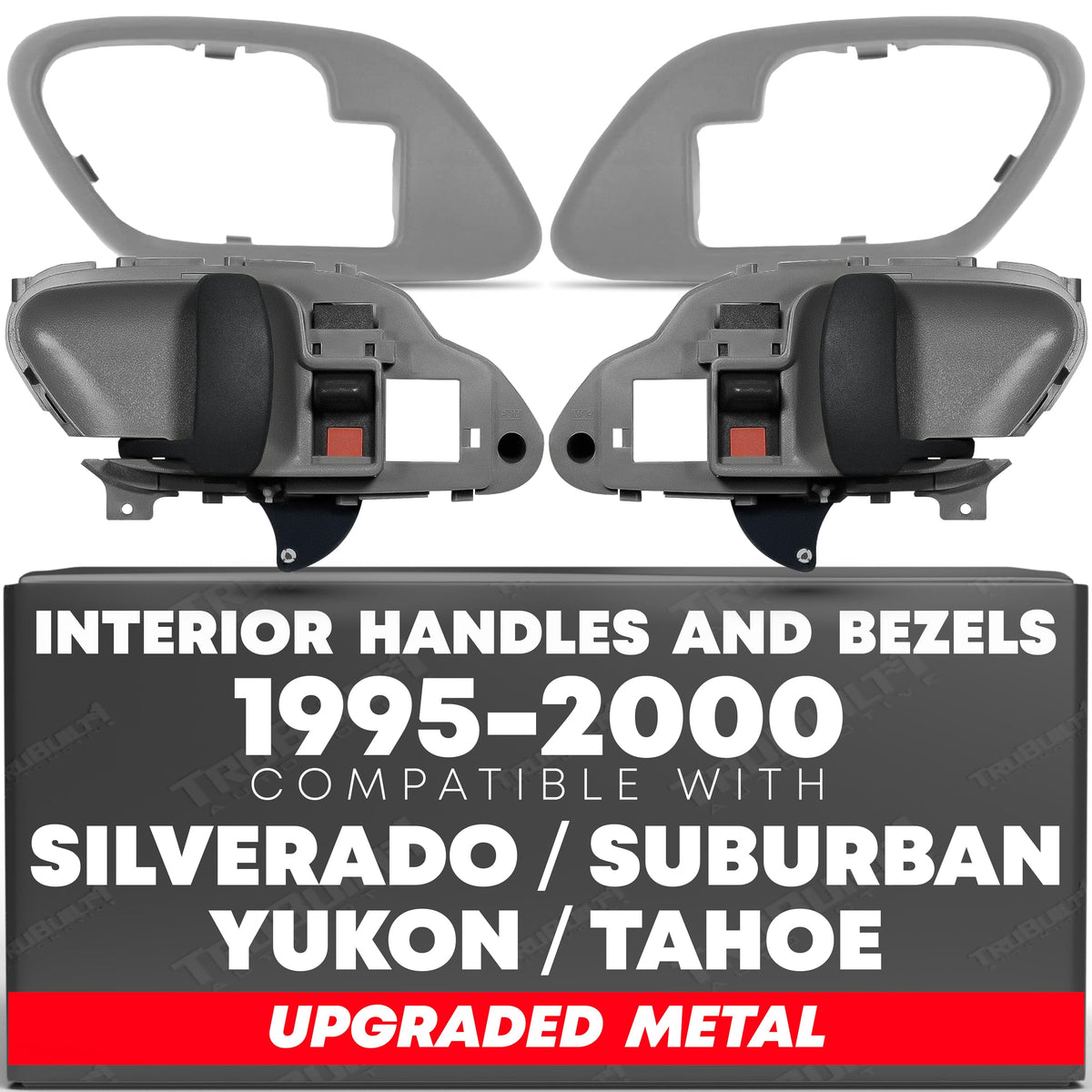 Interior Pair of Left Driver’s and Right Passenger’s Front or Rear Door Handle w/ Bezels Compatible with Chevy 1995-2000 K1500 Silverado, Fits Suburban, GMC Yukon and Tahoe, Gray