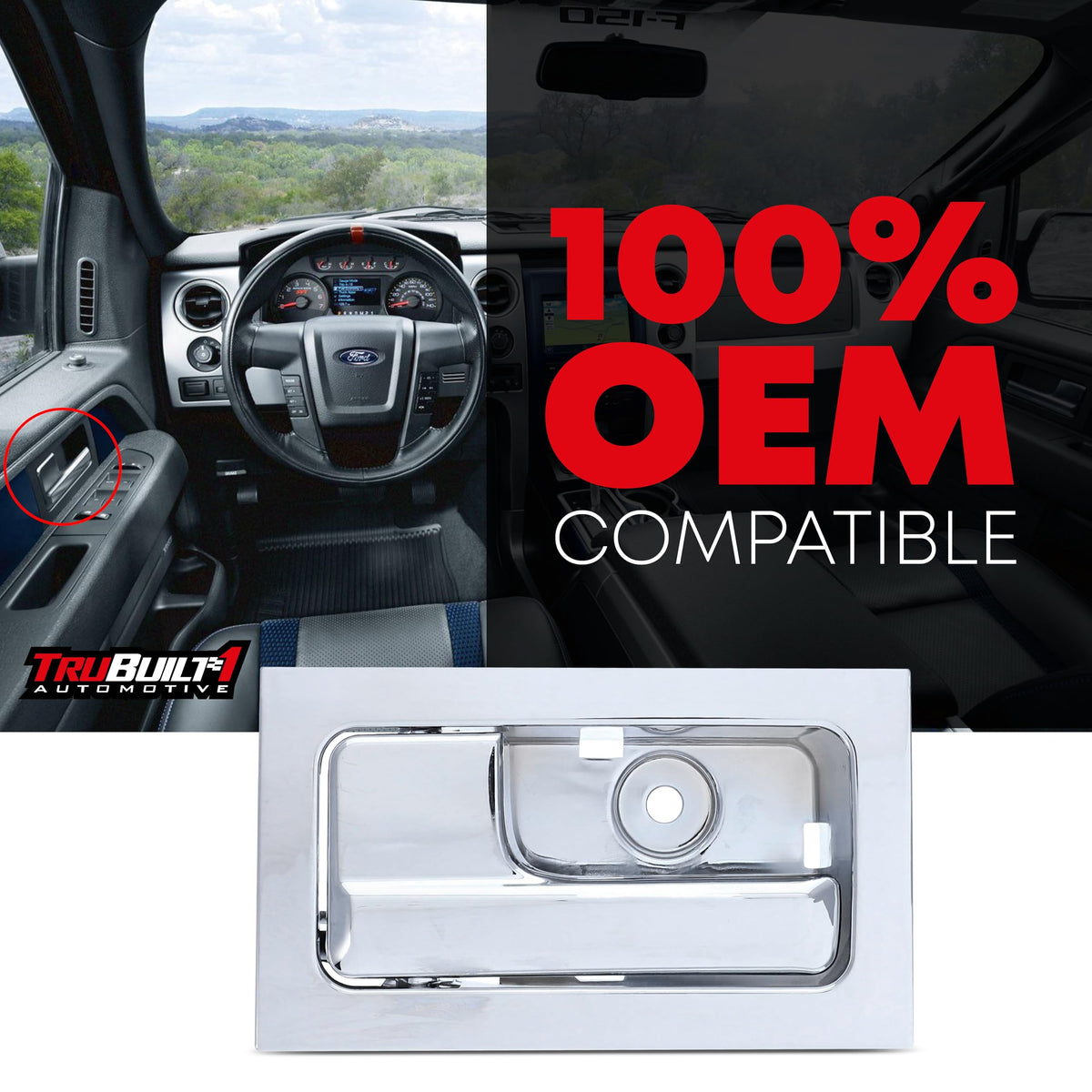 Interior Door Handle Front/Rear Left Driver Side, All-Chrome handle and Housing Compatible with 2009- 2014 Ford F150, Linlcon Mark LT | CL3Z-1522601-GA 9L3Z1522601CB, 90826, FO1352152